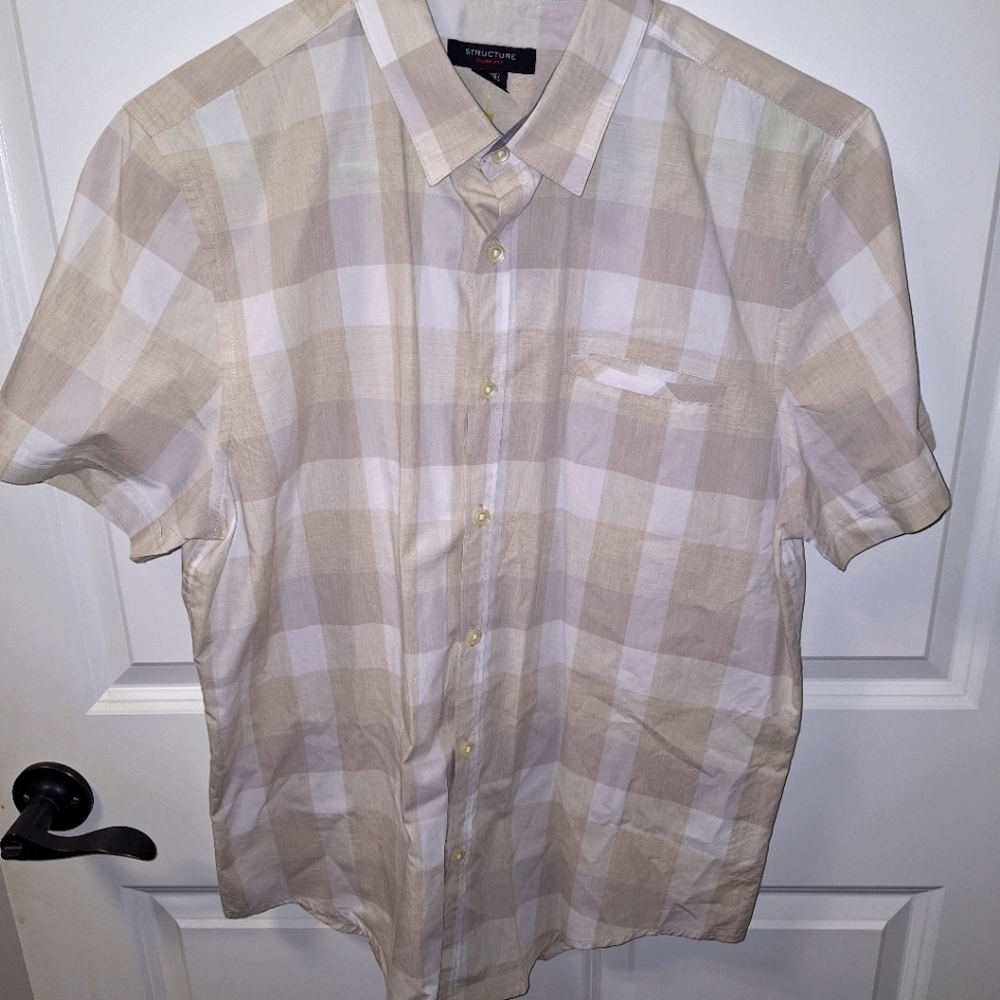 A Structure Slim Fit short sleeve button-down color block shirt in large